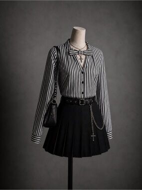 Zara Black and White Vertical Stripe Button-Down Blouse